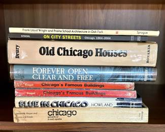 Books about Chicago! Frank Lloyd Wright and Prairie School Architecture in Oak Park by Sprague, Old Chicago Houses by John Drury, Forever Open, Clear and Free by Lois Wille, Chicago's Famous Buildings by Arthur Seigel, Blue in Chicago by Bette Howland, and Chicago Growth of a Metropolis by Harold M. Mayer