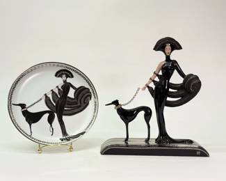 Franklin Mint House of Erte Symphony in Black Collectors Plate, and House of Erte Franklin Mint Symphony in Black Greyhound limited edition #M3026, fine porcelain figurine hand painted, dog collar with Swarovski crystals