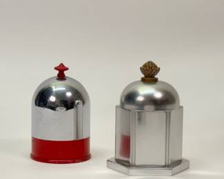 Art Deco cigarette holders — Scovill chrome and red painted dome shape, and a Lurelle Guild For Alcoa Kensington Ware aluminum cigarette box