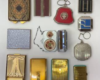 Art Deco compacts from amazing collection including a tooled leather leather covered powder compact and mirror, a vintage rare French Art Deco Coty L’Aimant travel powder compact, a Max Factor Hollywood rouge and powder mirrored compact, an Armand Art Deco blue enameled compact, and more