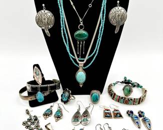 Vintage southwestern turquoise necklaces, rings, earrings, pins and pendants, many marked sterling silver