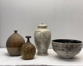 Vintage pottery including an Asian origin lidded jar, and a LG Husby Studios (Bob And Cheryl Husby) salt fired Geometric pattern bowl