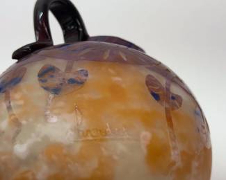 Closeup of Charles Schneider Verre Francais cameo glass pitcher, signed "Charder" on the side (a contraction of Charles Schneider) and Francais on the base