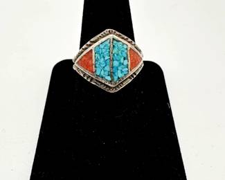 Vintage Native American southwest design silver ring with inlaid turquoise and carnelian