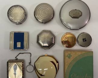 More stunning Art Deco compacts including a rare tiny Woodworth KARESS rouge compact, an antique Richard Hudnut Le Debut Art Deco rouge powder compact duo, a Clarice Jane Elgin Powder Puff & Rouge Tulip Compact with original box, and more