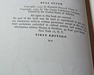 Inside page of First Edition of Bull Fever by Kenneth Tynan