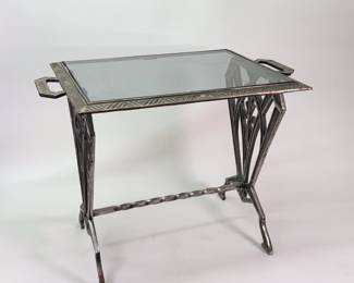 Fabulous Art Deco wrought iron glass top side table with handles