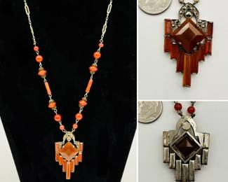 Art Deco style pendant necklace, unmarked, possibly carnelian beaded accents