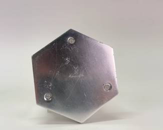 Another view of Art Deco cigarette holders — Scovill chrome and red painted dome shape, and a Lurelle Guild For Alcoa Kensington Ware aluminum cigarette box