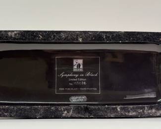 Closeup of Franklin Mint House of Erté Symphony in Black Collectors Plate, and House of Erté Franklin Mint Symphony in Black Greyhound limited edition #M3026, fine porcelain figurine hand painted, dog collar with Swarovski crystals