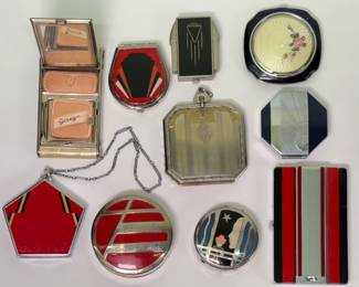 More fabulous Art Deco compacts including a Karess 1920's Art Deco Ladies Powder Compact, a  Bourjois Evening In Paris Art Deco Sun Ray Octagonal Compact 1930's, Richard Hudnut compacts, and more