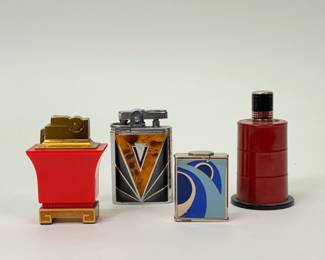 Art Deco era lighters — Vintage ASR Ascot Pagoda Orient Red Colorway Gold Tone Table Lighter, a vintage musical lighter marked "Musical Partners " on the base, a vintage blue, silver and dark blue lighter, and a red barrel table lighter.