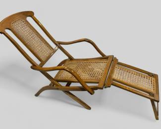 Folding Caned Steamer Lounge Deck Chair With Footrest Antique Vintage