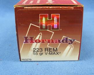 Lot 162. Hornady 223 Rem. 55-grain V-Max. Full box of 50 rounds.