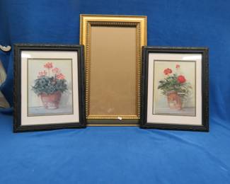 Lot 303. Two 18 1/2" x 14 1/2" framed floral pictures and one empty ornate 15" x 26" frame