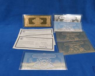 Lot 407. Two authentic 2000 $2.00 Gold foil notes with COA and three $2.00 silver foil notes with COA