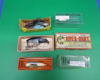 Lot 55. Heddon 2 1/2" River Runt Spook Sinker, Fred Arbogast Hawaiian Wiggler, Johnson's Gold Minnow No. 1230.