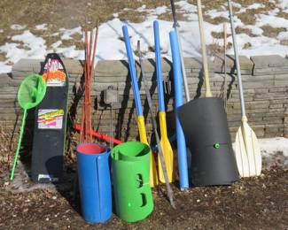 Lot 348. Canoe paddle, plastic oars, sleeping pad, hotdog sticks, cane pole, snowboard and more