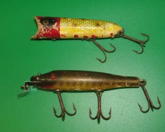 Lot 381. Two vintage wooden baits: CCBC 4 1/4" Pikie Minnow with glass eyes. Heddon 3 3/4" Lucky 13.