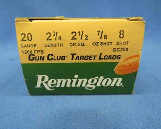Lot 335. Remington Gun Club Target Load 20-gauge. 2 3/4" {#}8 shot. Full box of 25 rounds.