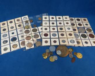 Lot 411. Trade tokens, souvenir coins, Worlds Fair coins, subway tokens, and more