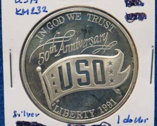 Lot 290. 1991 S 50th anniversary USO silver dollar