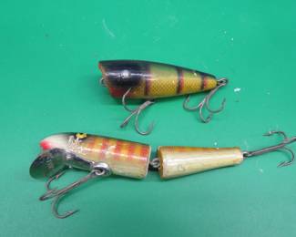 Lot 264. Vintage CCBC 3" plunker with tack eyes. Paw Paw 4 3/8" wooden jointed Pike 1600 with tack eyes.