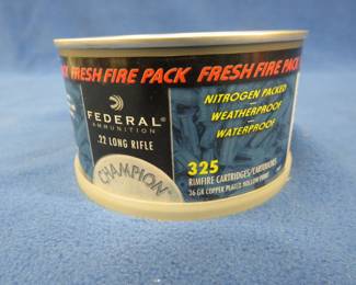 Lot 256. Federal Fresh Fire Pack. 325 rounds of 22 LR. Waterproof, weatherproof, nitrogen packed resealable tin.