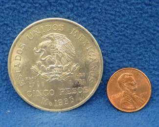 Lot 417. 1953 Mexican 5 peso 72% silver coin. 27.78 grams.