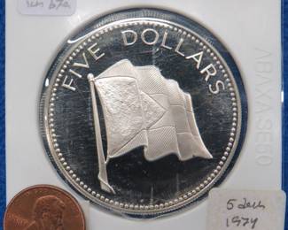 Lot 221. 1974 Bahamas sterling silver $5.00 coin. 42 grams.