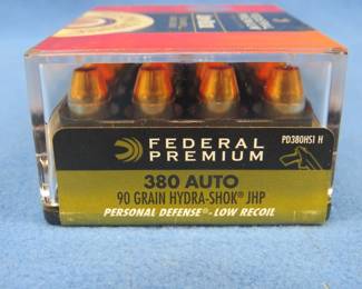 Lot 254. Federal Premium 380 auto. Low recoil 90-grain hydra-shok JHP. Full box of 20 rounds.