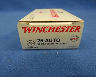 Lot 253. Winchester 25 auto. 50-grain FMJ. Full box of 50 rounds.