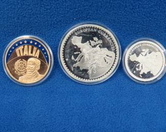 Lot 280. Three silver EU medals: Sweden silver round medal. Italy gold plated silver round medal. Germany silver round medal.