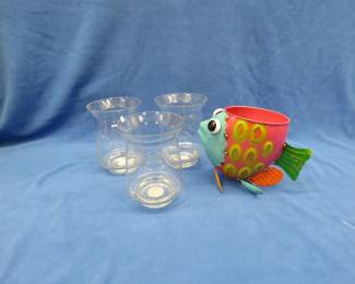 Lot 300. Three candle holders and a whimsical fish decoration