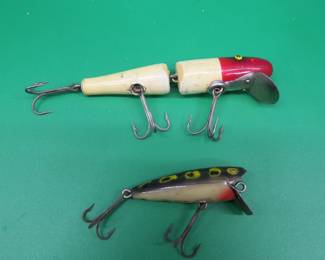 Lot 216. Vintage Paw Paw wooden jointed pike. Vintage Shakespeare 2 1/2" Glo-Lite Pup.