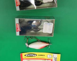 Lot 57. Two NIB Phillips Fly and Tackle Co. 1 7/8" Crippled Killers, and two NIB Heddon 401B Machetes