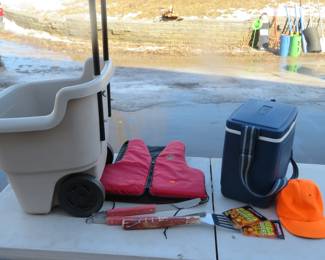 Lot 347. Garden cart, cooler, life jacket, and more