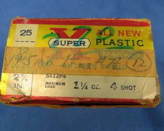 Lot 338. Peters 2 3/4" 12 gauge in a Western box. Mostly {#}4 with a few {#}8. Full box of 25 rounds.