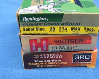 Lot 363. Three boxes of 20 GA rounds: Remington, Hornady, Federal Premium.