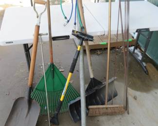 Lot 356. Long-handled tools including scoop shovel, snow shovel, rake, rebar, and more