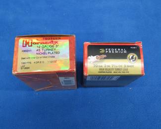 Lot 365. Two full boxes of 20 GA Federal and 12 GA Hornady rounds