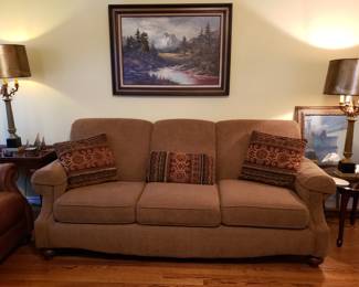 SOFA AND PAIR OF MID CENTURY LAMPS