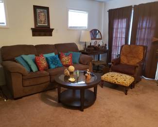 SOFA, LEATHER RECLINER AND ROUND COFFEE TABLE WITH GLASS TOP