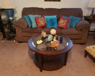 SOFA AND GLASS TOP COFFEE TABLE