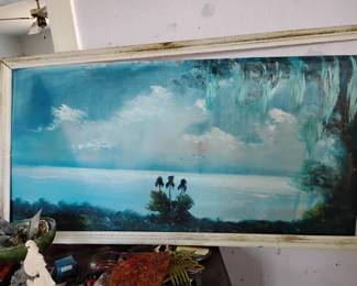 Highwayman Painting on old poster board with white washed frame. Signature indistinct but has the qualities of artist, Black. Frame needs repaired.
