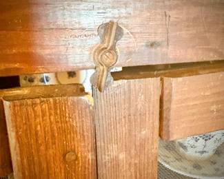 Antique pie safe with bottom drawer. Holding Churchill "Finlandia" china set.