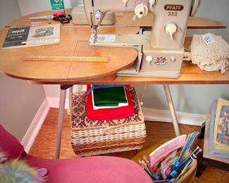 Vintage late 1950s Pfaff 332 sewing machine with MCM wood and metal table