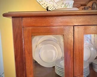 Antique china cabinet with glass front and sides, filled with Block Spal "Grey Dawn" china