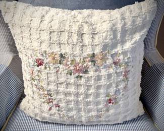 White chenille embroidered pillow