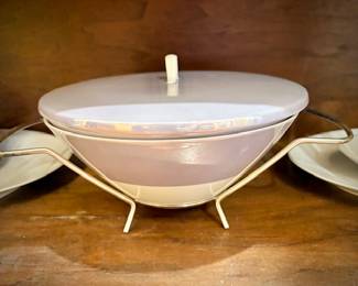 MCM Germany Rosenthal-Continental "Crystalline Blue" china set with white inside, iridescent lavender/blue exterior. This is a covered casserole with metal holder.